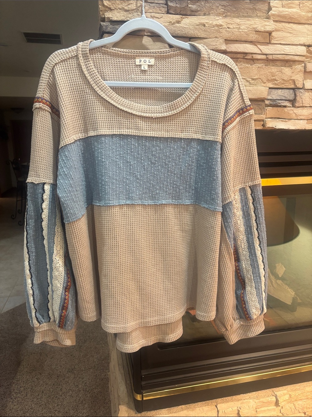 NEW POL Beige and Blue Colorblock Waffle Knit Pullover